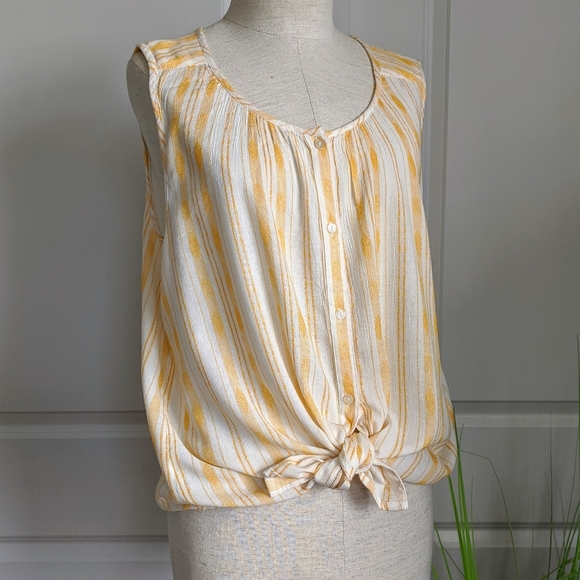 Lucky Brand Sleeveless Button Front Tie Front Stripe Scoop Neck Gold White L NWT - Picture 1 of 8